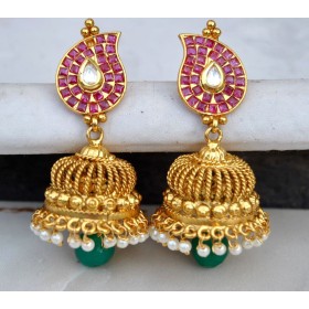 Red Kemp Studded Keri shaped Jhumka with Green Drop